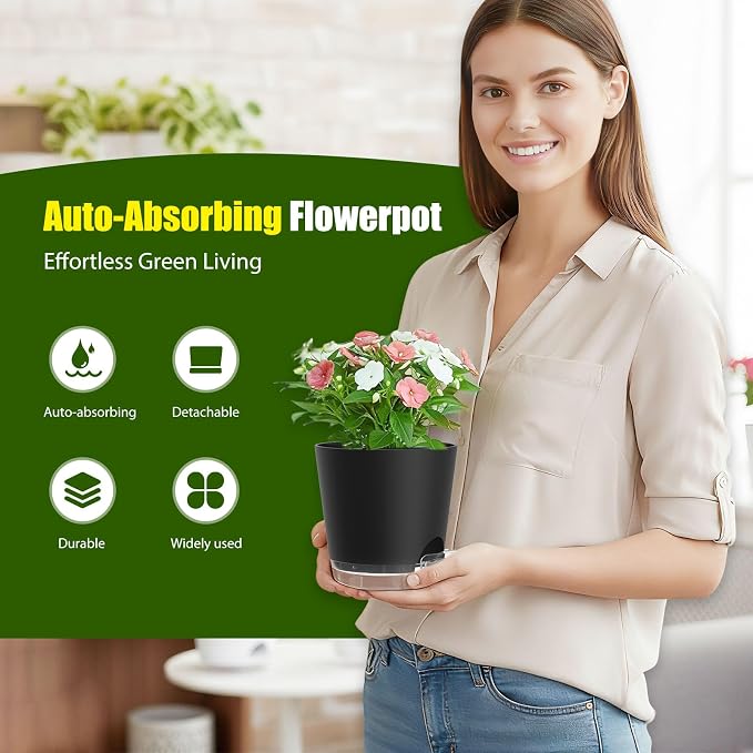 Plant Pots 6 Inch Self Watering Pots, 6 Pack Plastic Planters - Image 2
