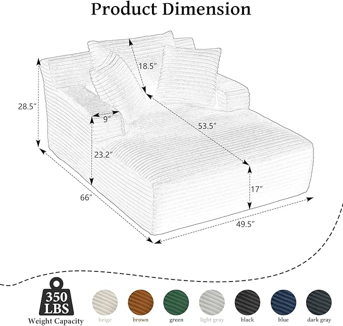 65.4" Chaise Lounge Chair Indoor, Oversized Boneless Couch Comfy Upholstered - Image 2