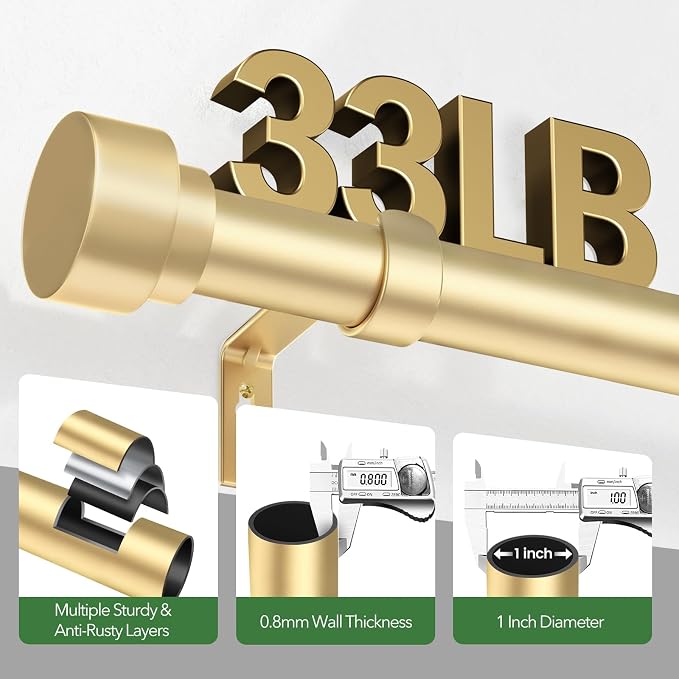 Curtain Rods for Windows 72 to 144, 1 Inch Adjustable Gold Heavy Duty Long - Image 4