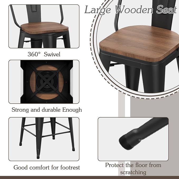 Alunaune 26" Swivel Metal Bar Stools Set of 4 High Back Counter Height - Image 5