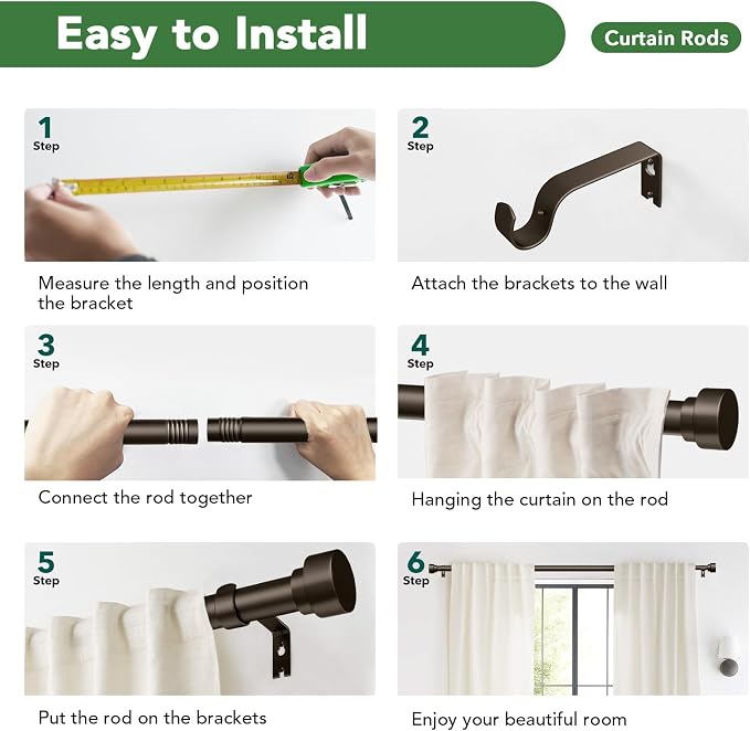 Curtain Rods for Windows 48 to 84, 1 Inch Adjustable Heavy Duty Long Window - Image 9