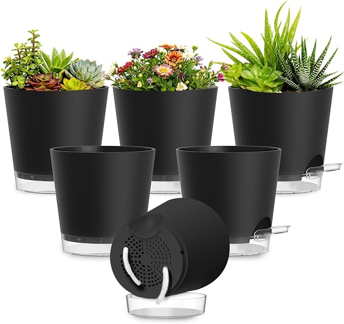 Plant Pots 7 Inch Self Watering Pots, 6 Pack Plastic Planters by SQKH