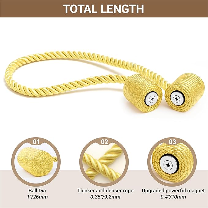 Hion Magnetic Curtain Tiebacks Golden 2pcs, Curtain Tiebacks Buckles Holdbacks - Image 2