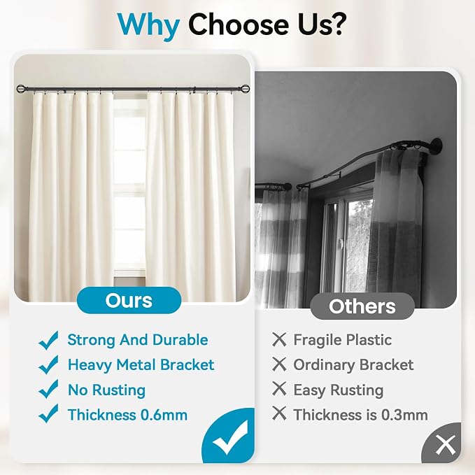 Black Curtain Rods for Windows 28 to 48 Inch, 5/8" Diameter Heavy Duty Metal - Image 3