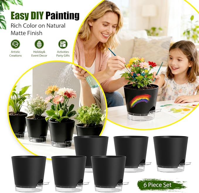 Plant Pots 5 Inch Self Watering Pots, 6 Pack Plastic Planters - Image 6