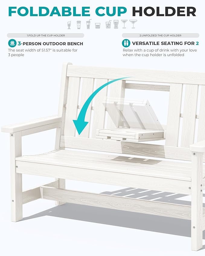 SERWALL Outdoor Bench with Cup Holder, All Weather Patio Benches with High - Image 6