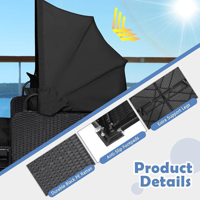 Moccha Outdoor Daybed with Retractable Canopy, Wicker Cabana with 2 Side Tables - Image 6