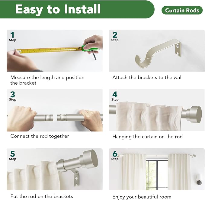 Time Forest Curtain Rods for Windows 66 to 120, 1 Inch Adjustable Heavy Duty - Image 9