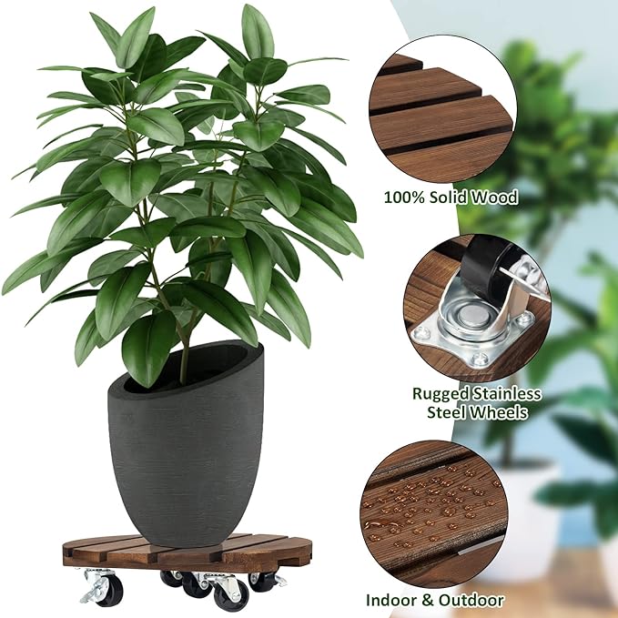 Yangbaga 2pack Plant Caddy 12’’Wood Duty Rolling Plant Stand - Image 4