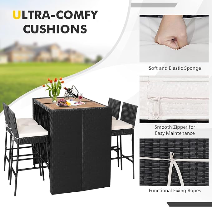 5 Piece Patio Wicker Bar Set, Rattan Bar Stools Set - Image 7