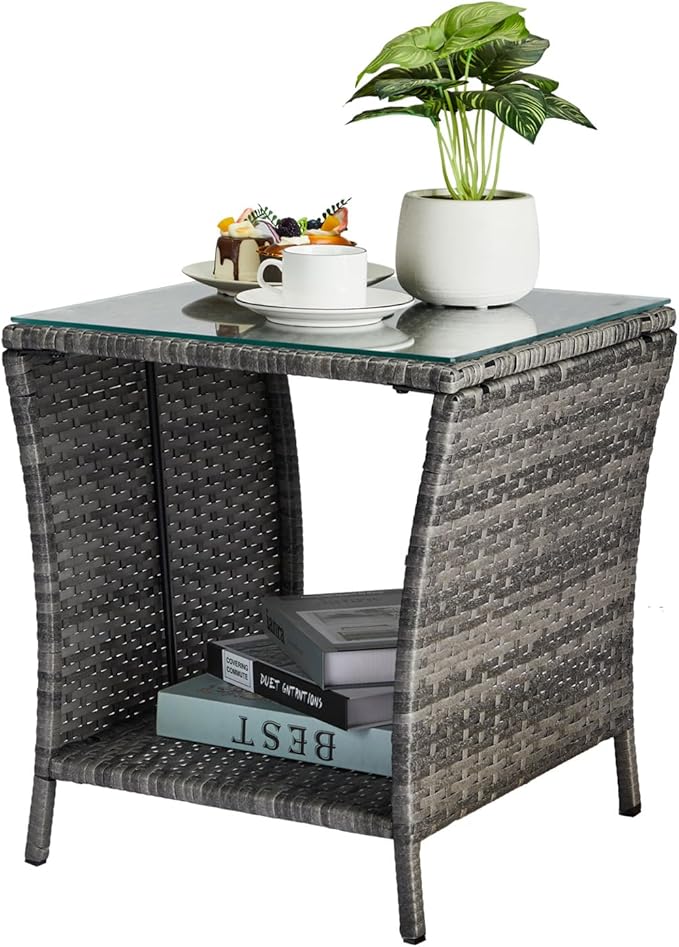 VINGLI Outdoor Wicker Side Table Patio Side Tables by VINGLI