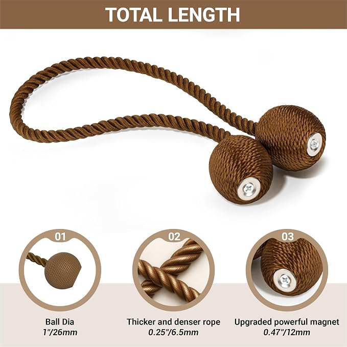 Hion Magnetic Curtain Tiebacks Dark Brown 6 Pack, Curtain Tiebacks Buckles - Image 2