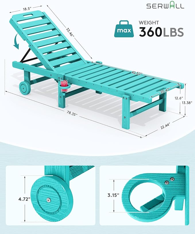SERWALL Patio Chaise Lounge Chair, HDPE Outdoor Lounge Chair - Image 3