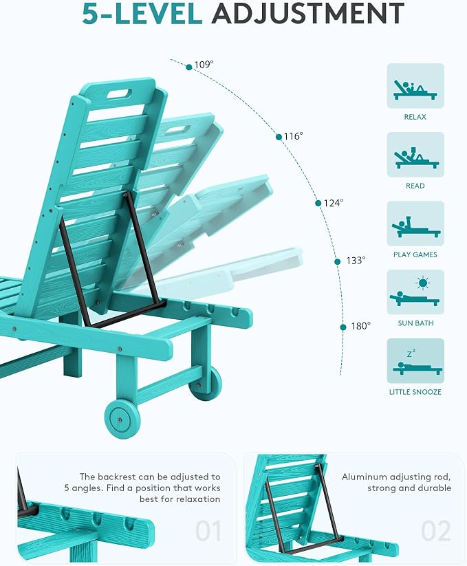 SERWALL Patio Chaise Lounge Chair, HDPE Outdoor Lounge Chair - Image 4