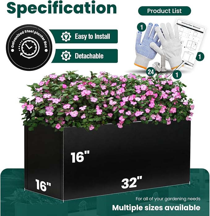 Galvanized Steel Metal Planter Rectangular Indoor 32" L x 16" W x 16" H Black - Image 2