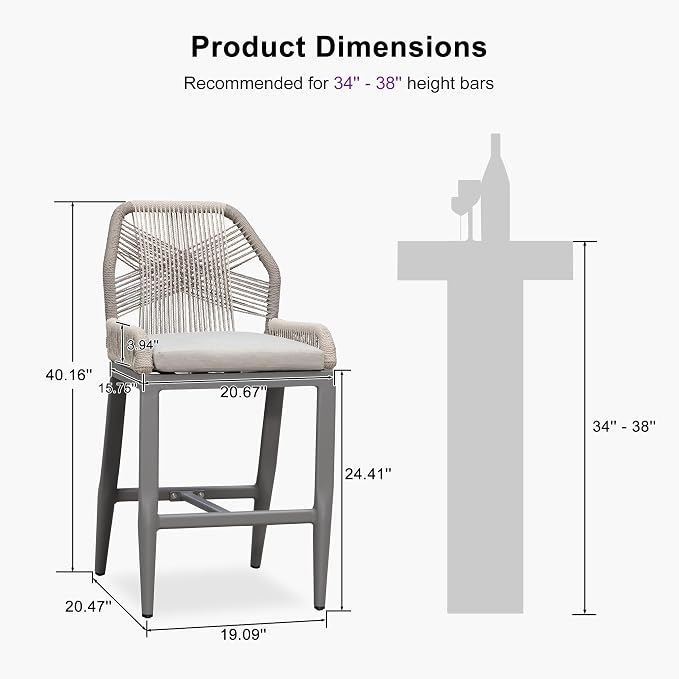 PURPLE LEAF Patio Bar Stool Counter Height Set of 2 Outdoor Rattan Chairs - Image 2