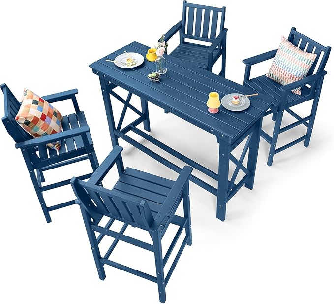 5-Piece HDPE Patio Bar Set, Rectangular Bar Height Table and 4 Adirondack Bar by SeeHill