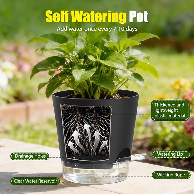 Plant Pots 8 Inch Self Watering Pots, 2 Pack Plastic Planters - Image 4