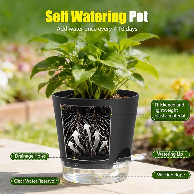 Plant Pots 4/5/5.5/6/6.5/7 Inch Self Watering Pots, 6 Pack Plastic Planters - Image 4