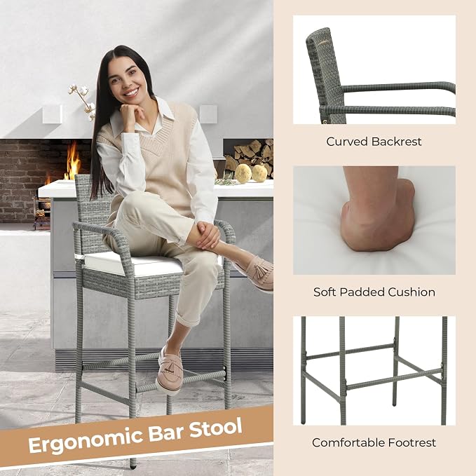 COSTWAY Wicker Bar Stools Set of 4, Patio Bar Height Chairs - Image 3
