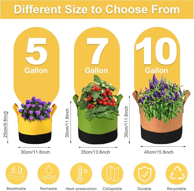6-Pack 5/7/10 Gallon Grow Bags - 350G Heavy Duty Fabric Pots - Image 4