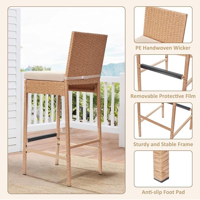 ECOTOUGE Rattan Bar Stools Set of 4, Wicker Woven Patio Stools & Patio Bar - Image 5