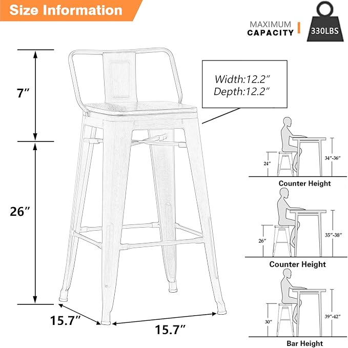 Yongchuang 26" Industrial Metal Barstools Set of 4 Counter Height Bar Stools - Image 3