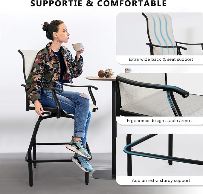 LEVELEVE Patio Bar Set 2pcs Swivel Bar Stools Outdoor Bistro Textilene - Image 6