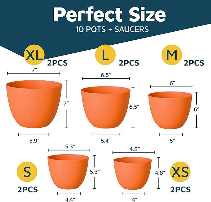 Yellow Plant Pots with Drainage Holes & Saucers 10 Pack, Indoor & Outdoor - Image 2