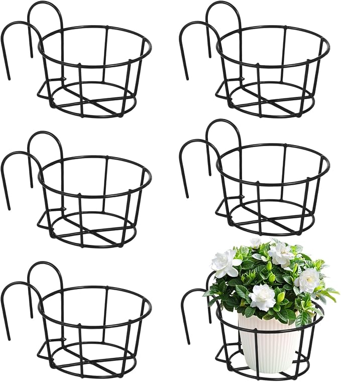 6 PCS Round Hanging Railing Planters, Hanging Flower Stand Iron Baskets by Tideme