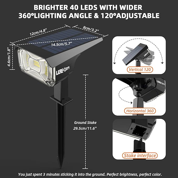 Solar Spot Lights Outdoor, IP65 Waterproof 40 LEDs Landscape Spotlights - Image 6