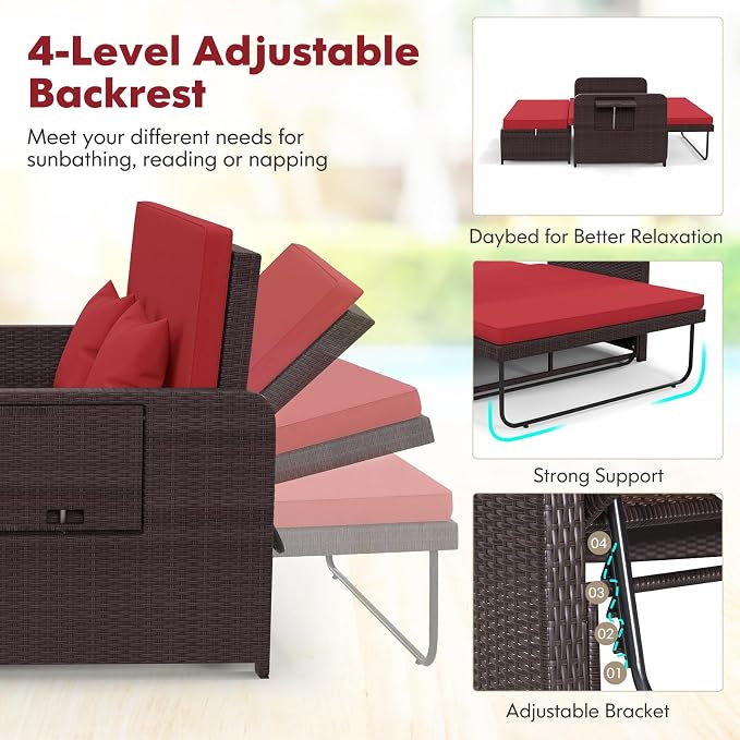Nightcore Wicker Patio Outdoor Daybed, Outdoor Chaise Lounger w/ 4-Level - Image 5
