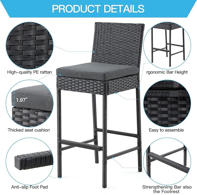 ECOTOUGE Wicker Bar Stools Set of 4, Outdoor Rattan Barstools Counter Height - Image 5