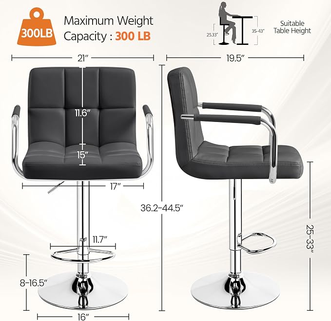Yaheetech Bar Stools Set of 2, Adjustable PU Leather Swivel Barstools, Modern - Image 3