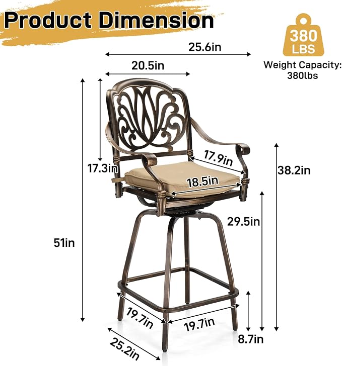 VINGLI 3 Piece Outdoor Bar Set, Cast Aluminum Outdoor Swivel Bar Stools and - Image 8