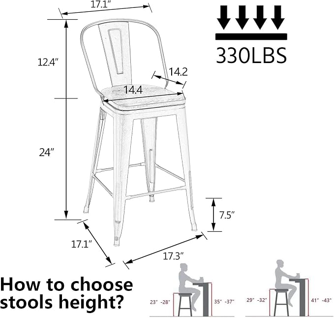 Alunaune 24" Swivel Metal Counter Height Bar Stools Set of 4 High Back - Image 2
