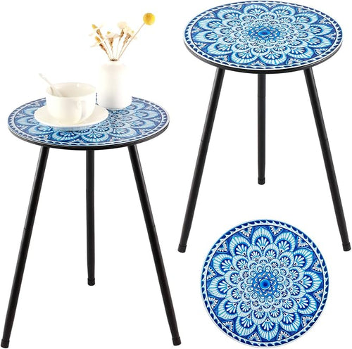 2 Packs Metal Mosaic Round Side Tables 13.4" Small Outdoor Patio Round Accent by PartyZealot