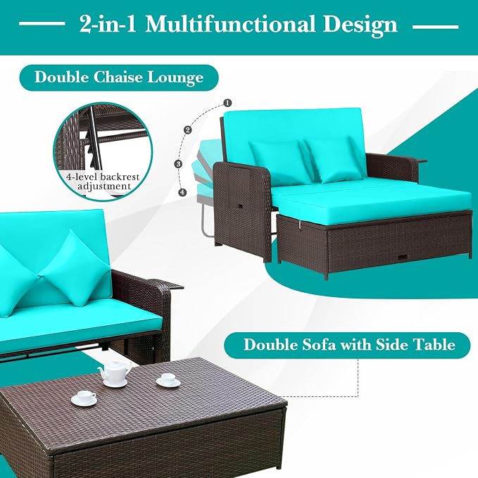 LDAILY Moccha Outdoor Daybed, Wicker Loveseat Sofa Set - Image 4