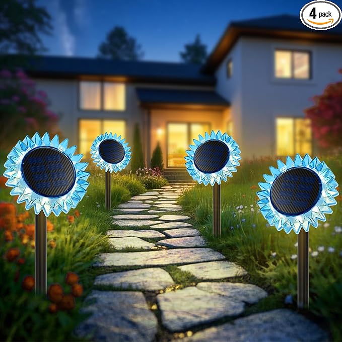 Outdoor Solar Lights, 4 Pack Led Solar Sunflower Lights, Stake/Wall 2-in-1 by GIUNN