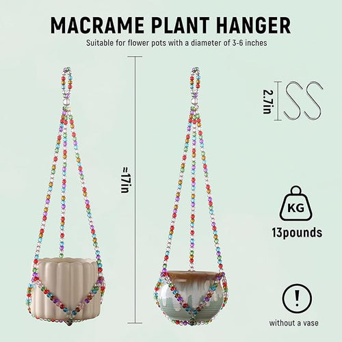 17''，2 Pack Macrame Plant Hanger, Handmade Glass Bead Plant Hanger Colorful - Image 2