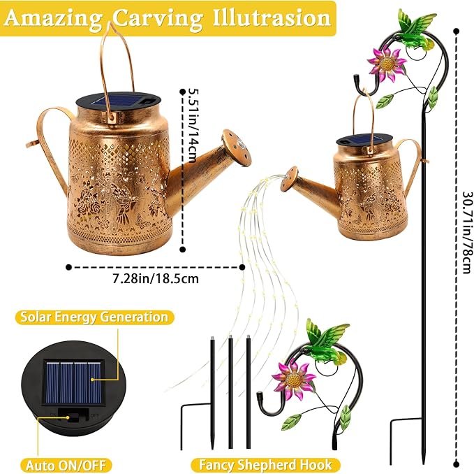 2 Pack Solar Lanterns Outdoor Waterproof, Hummingbird Watering Can Garden Decor - Image 3