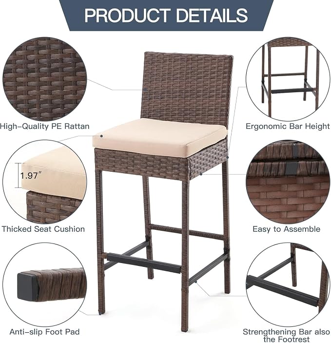 ECOTOUGE Outdoor Bar Stools, Wicker Woven Patio Stools & Patio Bar Chairs - Image 5