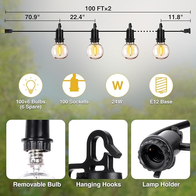 ZJOJO 200FT Outdoor String Lights, G40 Globe Outdoor Lights - Image 2