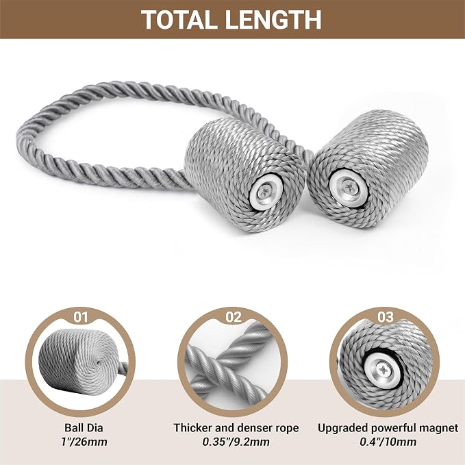 Hion Magnetic Curtain Tiebacks Grey 4 Pack, Curtain Tiebacks Buckles Holdbacks - Image 2