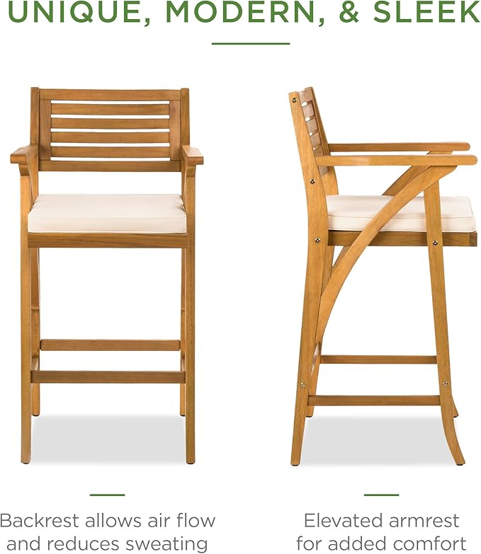 Best Choice Products Set of 2 Outdoor Acacia Wood Bar Stools Bar Chairs - Image 4