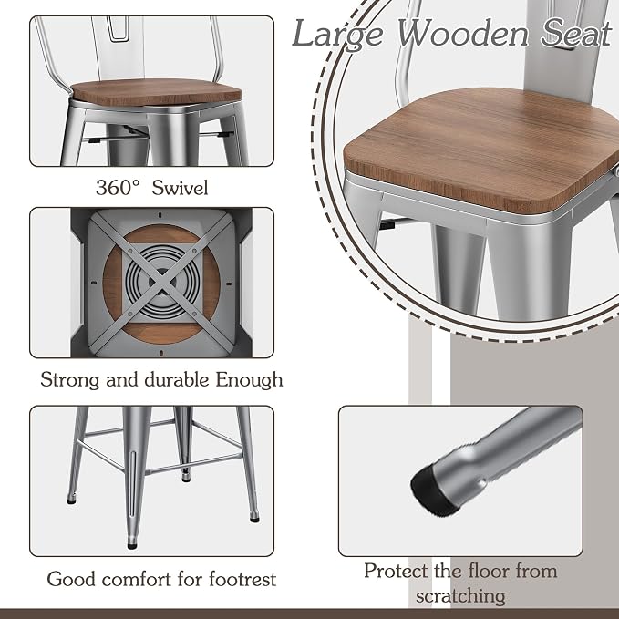Alunaune 24" Swivel Metal Barstools Set of 4 High Back Counter Height Bar - Image 6