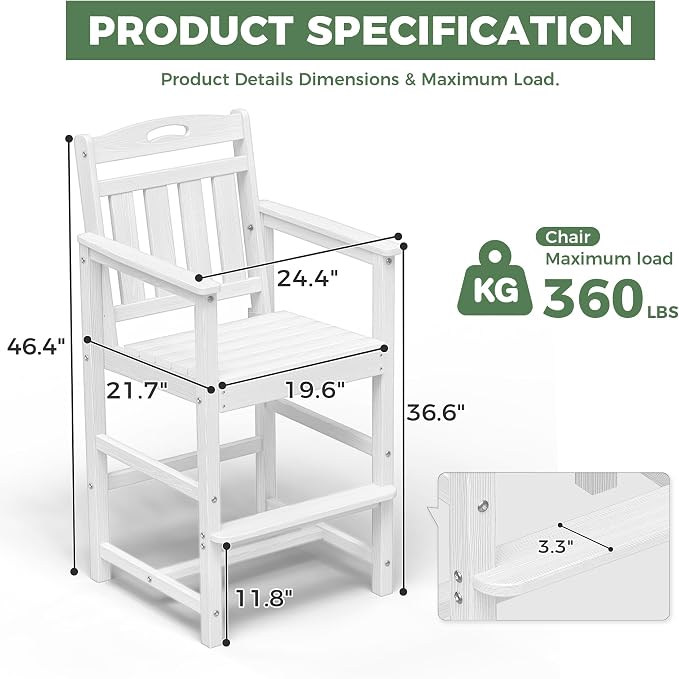 Outdoor Patio Tall Adirondack Bar Chairs Set of 2, All-Weather HDPE Bar Height - Image 4
