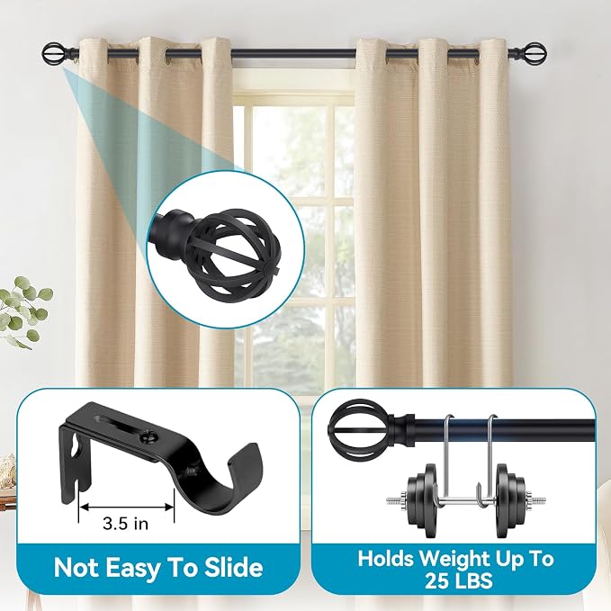 Curtain Rods for Windows 48 to 84, 2 Pack 5/8 Inch Black Heavy Duty Metal - Image 2