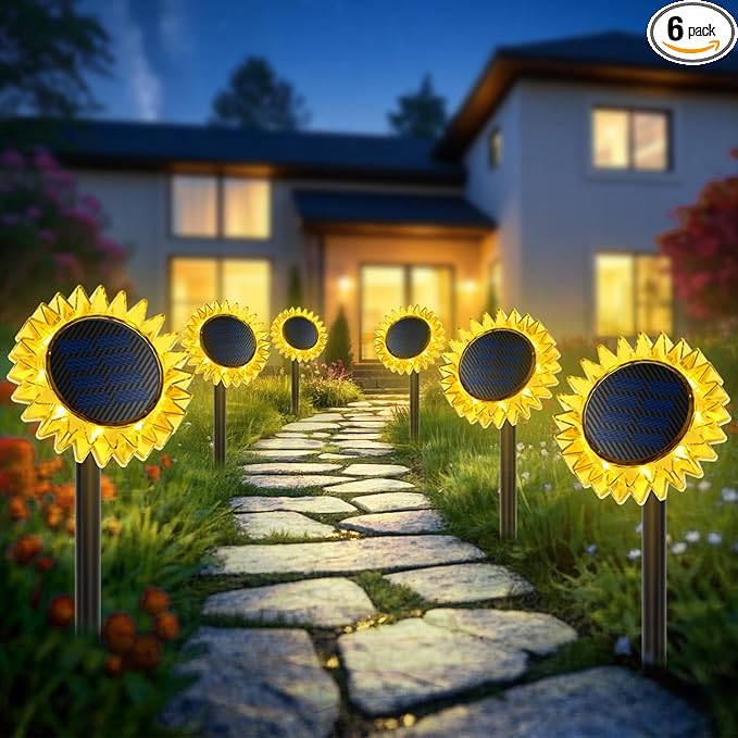 Outdoor Solar Lights, 6 Pack Led Solar Sunflower Lights, Stake/Wall 2-in-1 by GIUNN