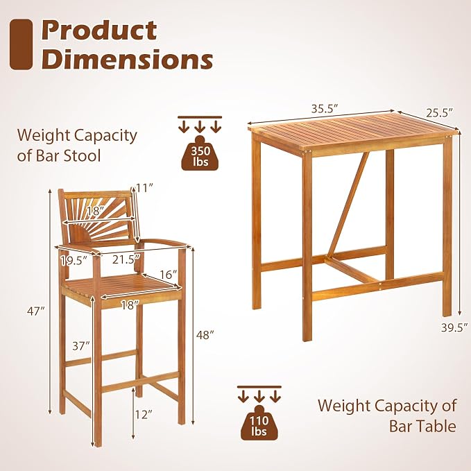 Tangkula 3 Piece Patio Bar Table & Chairs, Outdoor Acacia Wood Bar Set - Image 5